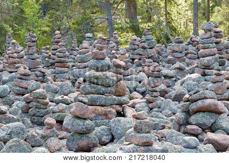 Area In The Forest Covered With Many Mysterious Piles Of Stones In The Village Geta On The Island Aa