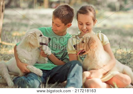 Retriever Pup Lovely Scene Young Teen Sister Brother Enjoy Posing Summer Time Vacation With Best Fri