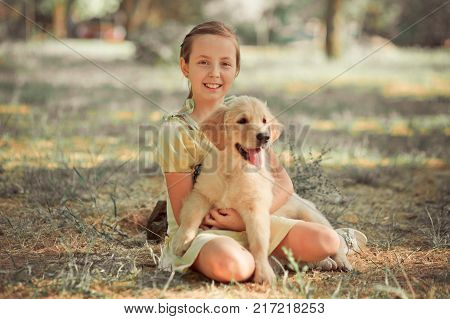 Retriever Pup Lovely Scene Cute Young Teen Girl Enjoying Posing Summer Time Vacation With Best Frien