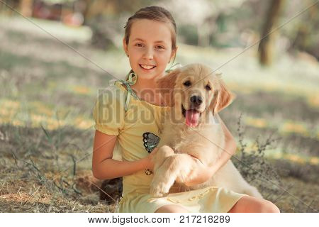 Retriever Pup Lovely Scene Cute Young Teen Girl Enjoying Posing Summer Time Vacation With Best Frien