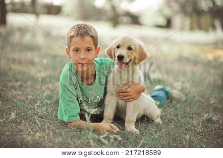 Retriever Pup Lovely Scene Handsom Teen Boy Enjoying Summer Time Vacation With Best Friend Dog Ivory