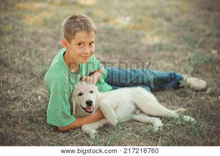Retriever Pup Lovely Scene Handsom Teen Boy Enjoying Summer Time Vacation With Best Friend Dog Ivory