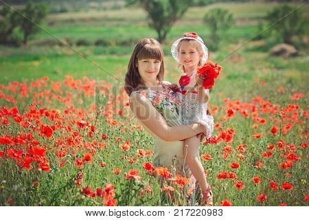 Happy Beautiful Mother Lady Posing With Her Cute Little Daughter In Lovely Scene Of Family Summer Li