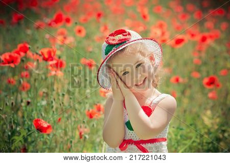 Cute Blond Young Girl Child Stylish Dressed In White Handmade Hooked Dress Wearing Airy Hat Top Posi
