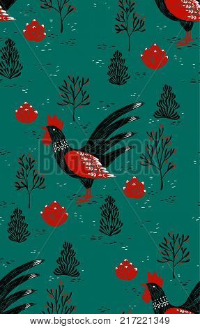 Seamless new year rooster pattern. Vector illustration