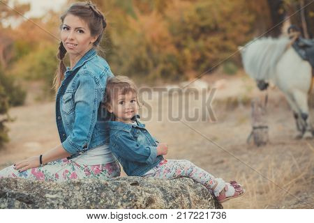 Romantic Scene Beautiful Lady Young Mother With Her Cute Baby Daughter Enjoy Time Together In City V