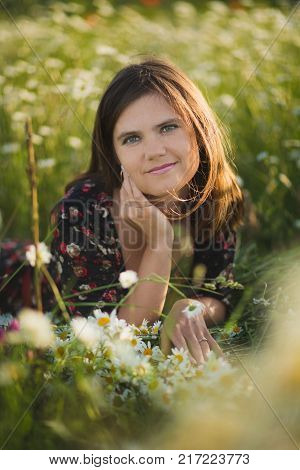 Charming Adorable Young Lady Woman Dark Brunette Hairs And Green Eyes Tender Sexy Posing With Flower