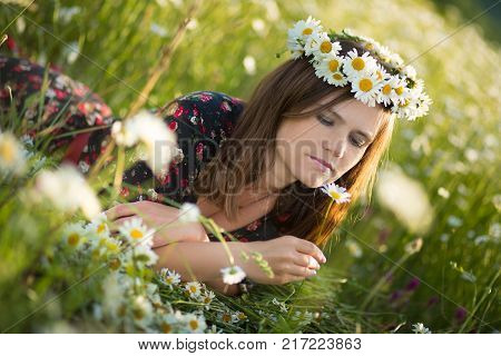 Charming Adorable Young Lady Woman Dark Brunette Hairs And Green Eyes Tender Sexy Posing With Flower