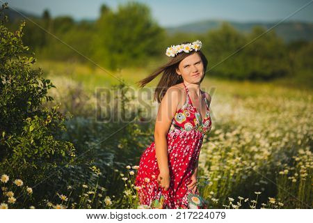 Charming Adorable Young Lady Woman Dark Brunette Hairs And Green Eyes Tender Sexy Posing With Flower