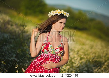 Charming Adorable Young Lady Woman Dark Brunette Hairs And Green Eyes Tender Sexy Posing With Flower