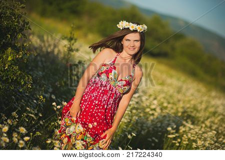 Charming Adorable Young Lady Woman Dark Brunette Hairs And Green Eyes Tender Sexy Posing With Flower