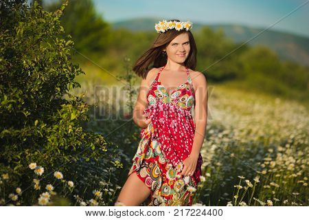 Charming Adorable Young Lady Woman Dark Brunette Hairs And Green Eyes Tender Sexy Posing With Flower