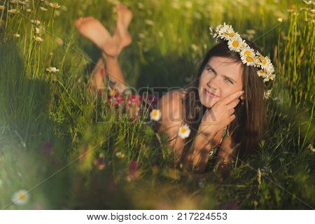 Charming Adorable Young Lady Woman Dark Brunette Hairs And Green Eyes Tender Sexy Posing With Flower