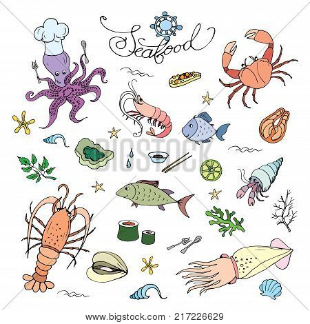 Seafood set, doodle icons or objects, stock vector illustration