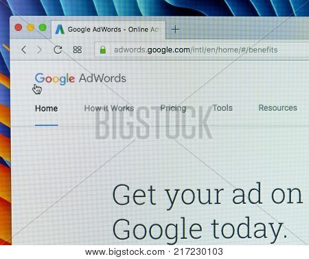 Sankt-Petersburg Russia December 7 2017: Google Adwords website on Apple iMac monitor screen. Google AdWords is an online advertising service. AdWords Express helps to reach new customers on Google.