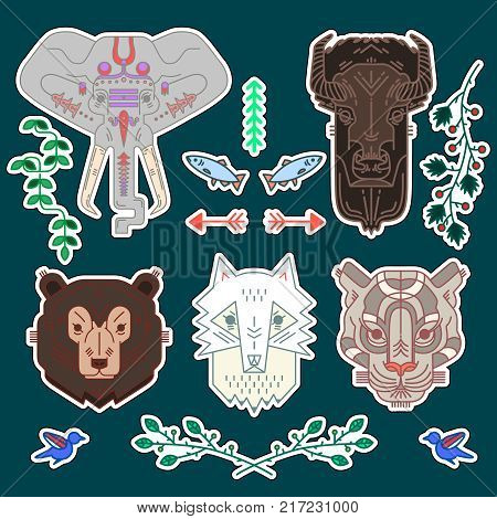 Set of animal patches elements. Set of stickers, pins, patches and handwritten notes collection in cartoon 80s-90s comic style.Vector stickers kit
