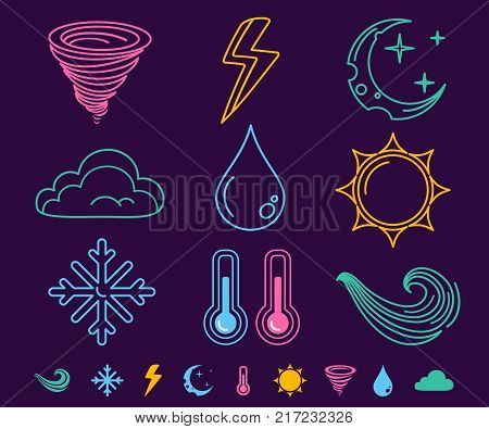 Vector set neon weather icons. Vector flat icons weather symbols on dark background.