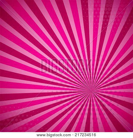 Pink summer colored Pop-Art style blue comics book background, Lichtenstein popart. Pop art comic strip backdrop sunlight, sun ray space. Funny halftone dotted template. Vector illustration.
