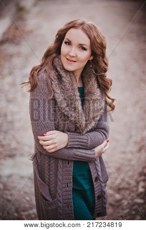 Pippin Cover Lady With Brunette Hairs Deep Blue Eyes Pout Pink Lips Wearing Cozy Warm Jacket Sweater