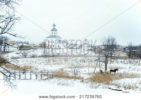 Welcome Russia: Panoramic view of historical district at Suzdal city Russia.Cathedral of the Nativity in winter