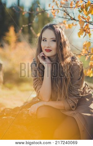 Sexy Amazing Lady Girl Nifty Stylish Dressed In Autumn Jacket With Blond Hairs And Pout Red Lips Wit
