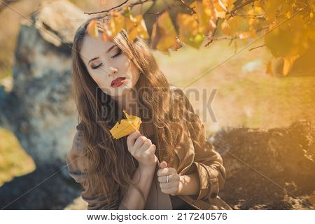 Sexy Amazing Lady Girl Nifty Stylish Dressed In Autumn Jacket With Blond Hairs And Pout Red Lips Wit