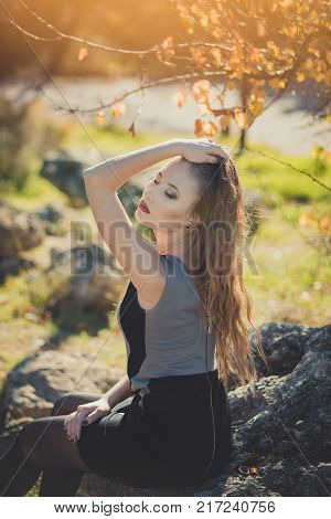 Sexy Amazing Lady Girl Nifty Stylish Dressed In Autumn Jacket With Blond Hairs And Pout Red Lips Wit