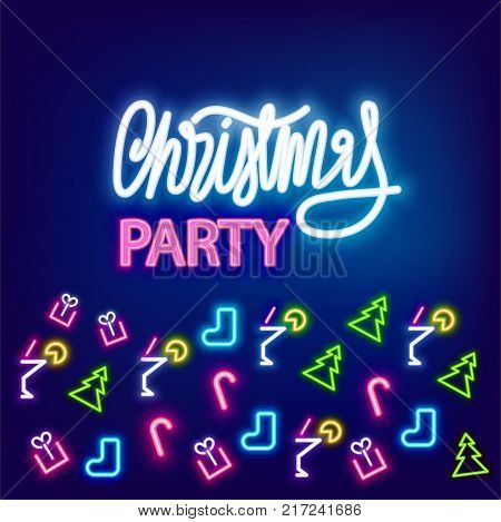 Christmas new year party season icon neon sign, symbol. Colored banner. Advertise alcohol cocktail disco symbol. Lamp shine billboard vector illustration label design. Vintage fashion.