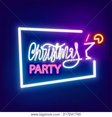 Christmas new year party season icon neon sign, symbol. Colored banner. Advertise alcohol cocktail disco symbol. Lamp shine billboard vector illustration label design. Vintage fashion.