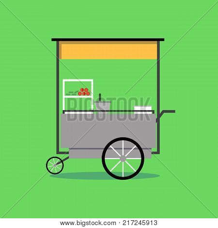 Flat Thai street food vending cart with green background vector illustration .Papaya salad spicy cart on wheel.