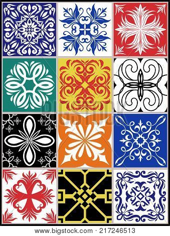 Collection of decorative azulejos. Colorful wall and floral ornate elements. Vector set.