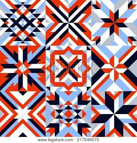 Colorful geometric pattern. Quilt. Ethnic and traditional texture blocks. Vector set