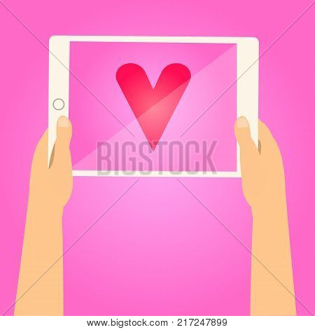 Hands holding tablet and show red heart on screen with pink background.Valentine day concept.Tell the love on tablet vector illustration