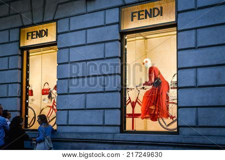 Milan, Italy - September 24, 2017:  Fendi Store In Milan. Fashion Week Fendi Shopping