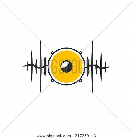 Stylised yellow speaker on dark waves. Minimalistic sound logo on white background. Vector illustration