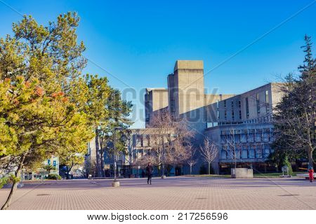 GUELPH, ONTARIO, CANADA - MARCH 15, 2016: View of Guelph University campus buildings with a blend of modern and traditional architecture.
