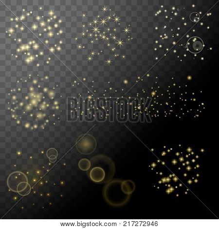 Sparkle star glotter set. Vector abstract transparent elements. White dust trail particles isolated. Magic shine effect