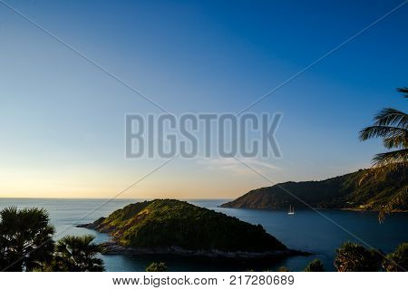Koh Keaw Yai Island view from Leam PromThep Cape and Sea with yacht in Phuket Amazing Thailand