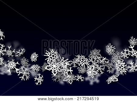 Snowfall background. Falling transparent snow with big spinning snowflakes
