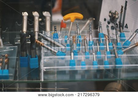 Set of drill bits for metal - metal workshop, close up