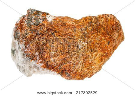 macro shooting of natural mineral rock specimen - rough normandite stone isolated on white background from Khibiny Mountains, Kola Peninsula, Russia