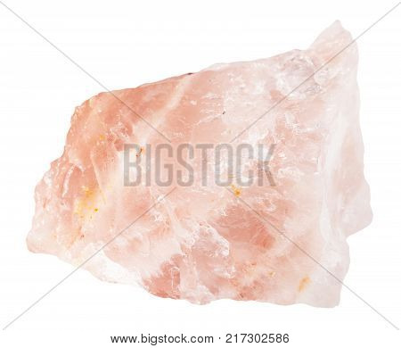 macro shooting of natural mineral rock specimen - rough crystal of rose quartz gemstone isolated on white backgroundfrom Kiv-Guba mine, Karelia, Russia