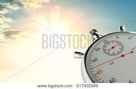 Analog stopwatch against the background of sunrise. The concept of speed and achievements. 3d illustration