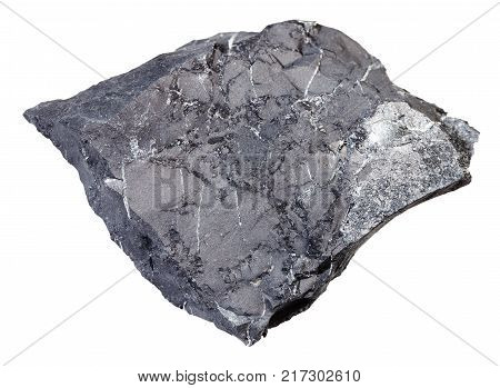 macro shooting of natural mineral rock specimen - raw shungite shale stone isolated on white background from Tolvuya district, Karelia, Russia