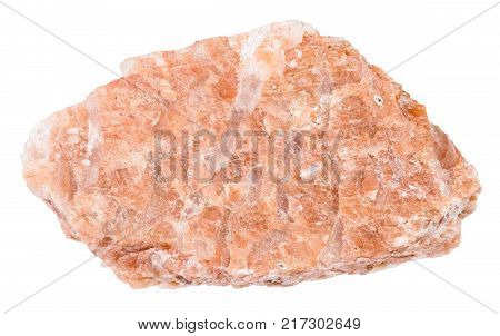 macro shooting of natural mineral rock specimen - raw pink pegmatite stone isolated on white background from Urakko Ozero Region, Karelia, Russia