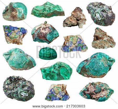 collection of natural mineral specimens - various Malachite stones isolated on white background
