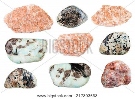 collection of natural mineral specimens - various Pegmatite rocks isolated on white background