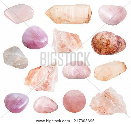collection of natural mineral specimens - various Rose Quartz gemstones isolated on white background