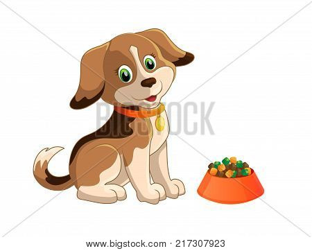 A bowl of dry dog food. Puppy dog spotted. A bone in the form of a crisp.
