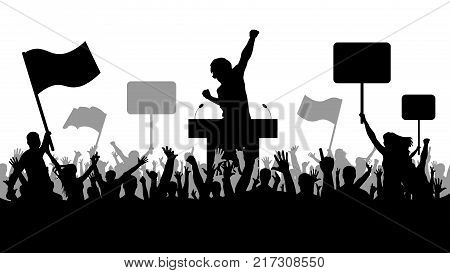 Crowd of people demonstrating silhouette. Oratory art politics.